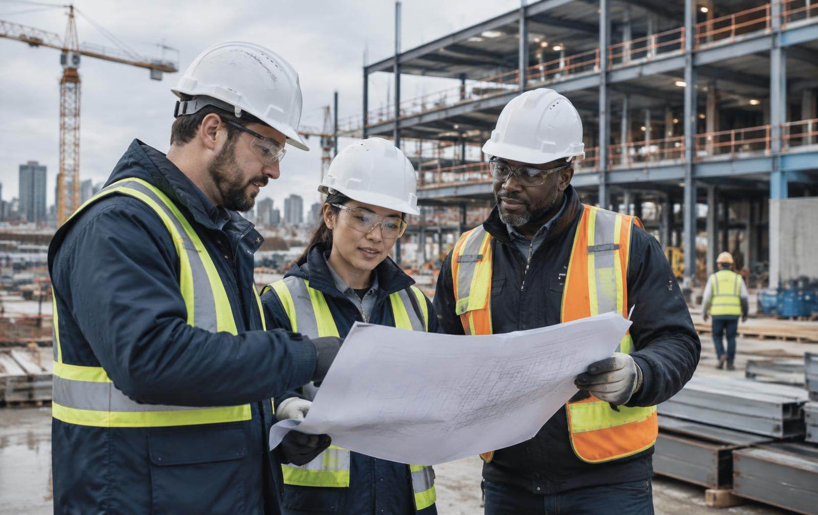 Project team reviewing plans at a construction site